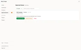 ADLC Forge approval queue showing pending review with approve, request changes, and reject actions