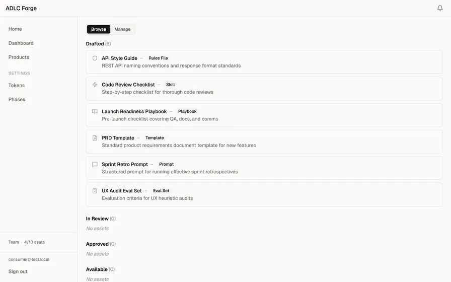 ADLC Forge catalog showing governed AI assets organized by lifecycle phase